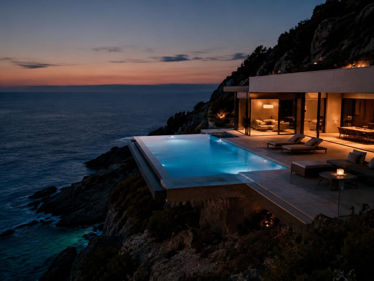 A secluded clifftop villa at twilight