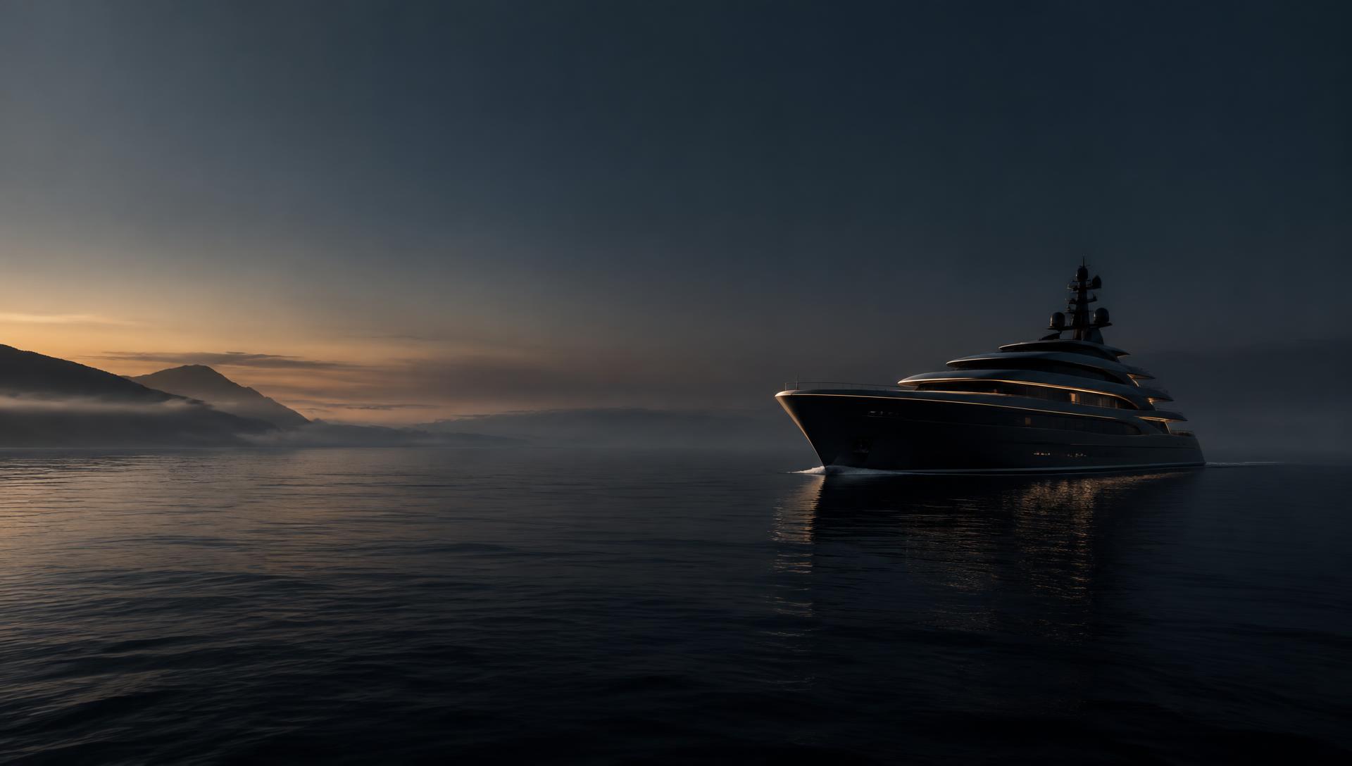 A dark superyacht moving across a calm sea at dusk